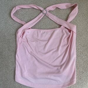 Pink Ribbed Women’s Top- Beautiful pink top with pearl cross neck detailing